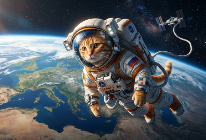 рыжий кот-космонавт в скафандре парит над Землёй, кинематографичный свет, гиперреализм, 4K